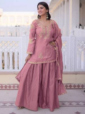 Pink fandy heavy thread embroidery work kurta palazzo set 2