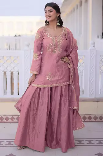Pink fandy heavy thread embroidery work kurta palazzo set