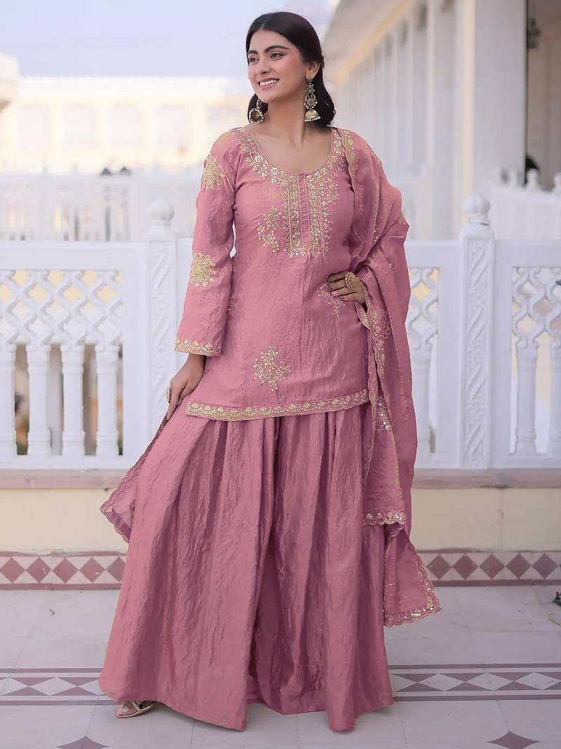 Pink fandy heavy thread embroidery work kurta palazzo set