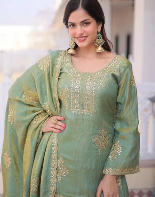 Pista green fandy heavy thread embroidery work kurta palazzo set 5