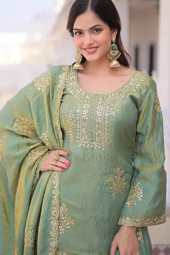 Pista green fandy heavy thread embroidery work kurta palazzo set