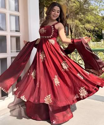 Maroon frandy silk heavy thread embroidery work kurta palazzo set 3