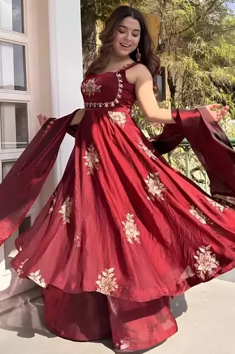 Maroon frandy silk heavy thread embroidery work kurta palazzo set