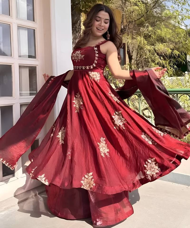 Maroon frandy silk heavy thread embroidery work kurta palazzo set