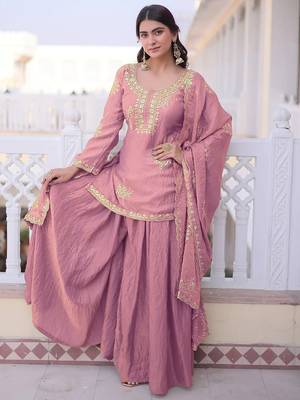 Pink fandy heavy thread embroidery work kurta palazzo set 3
