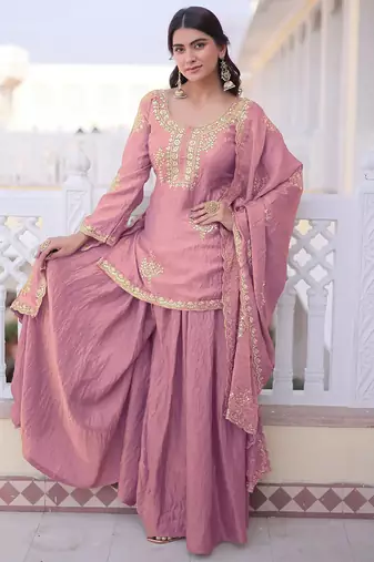 Pink fandy heavy thread embroidery work kurta palazzo set