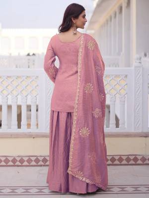 Pink fandy heavy thread embroidery work kurta palazzo set 4