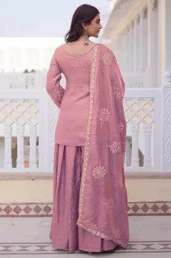 Pink fandy heavy thread embroidery work kurta palazzo set