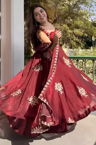 Maroon frandy silk heavy thread embroidery work kurta palazzo set