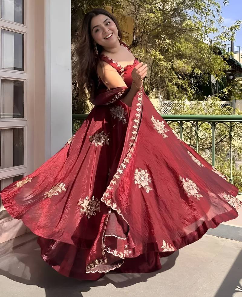 Maroon frandy silk heavy thread embroidery work kurta palazzo set