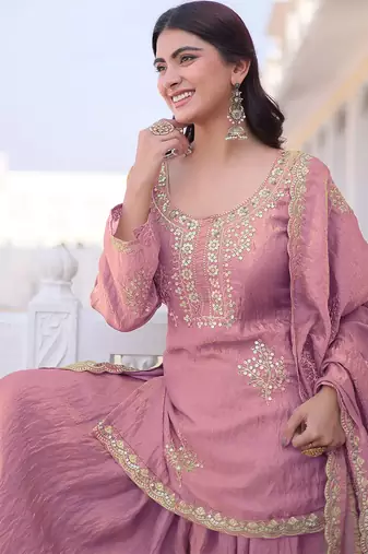 Pink fandy heavy thread embroidery work kurta palazzo set
