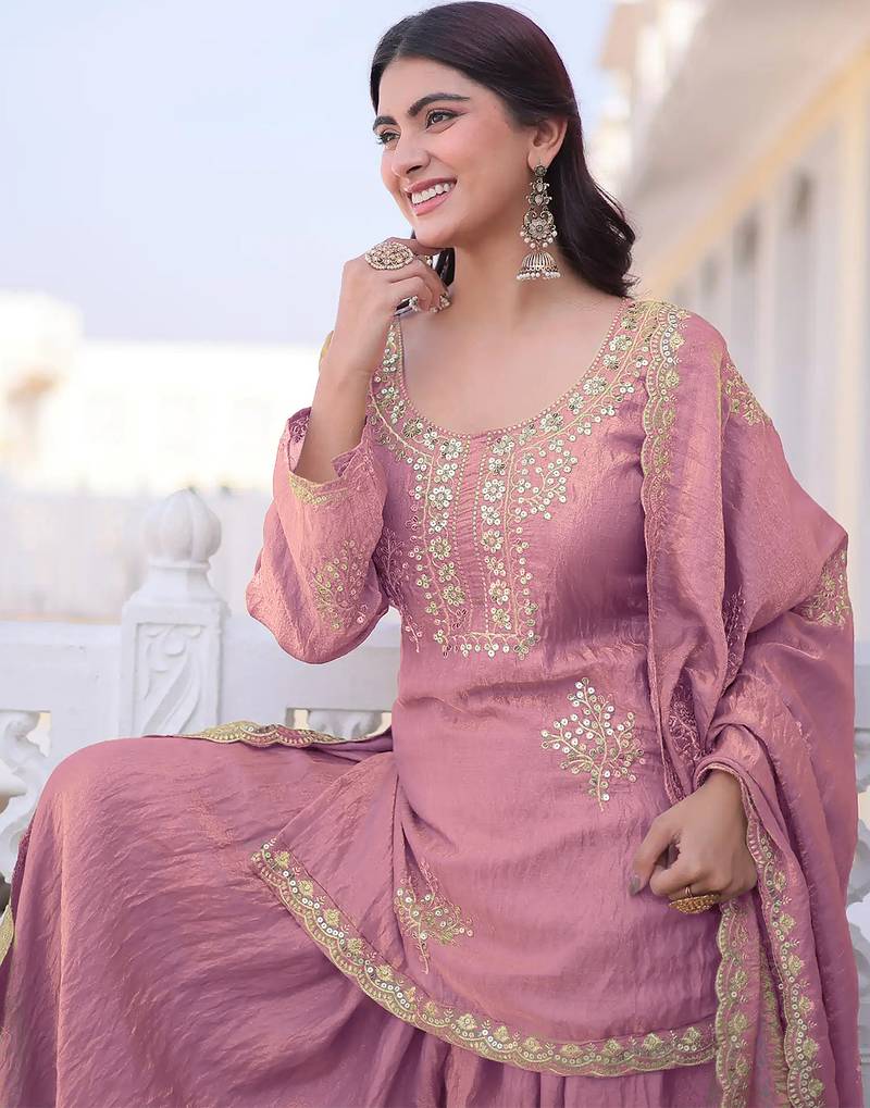 Pink fandy heavy thread embroidery work kurta palazzo set