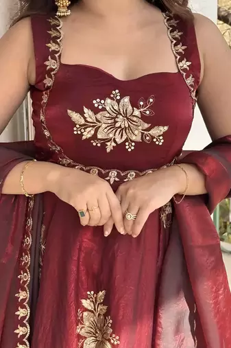 Maroon frandy silk heavy thread embroidery work kurta palazzo set
