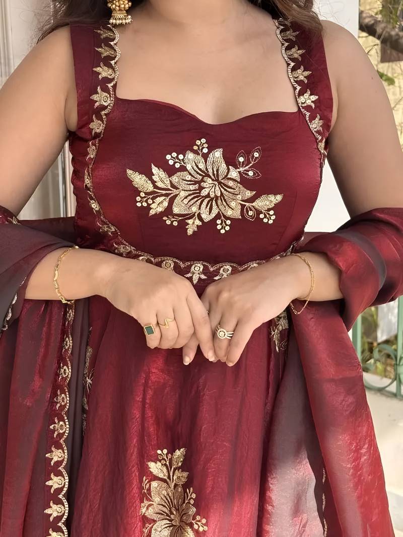 Maroon frandy silk heavy thread embroidery work kurta palazzo set
