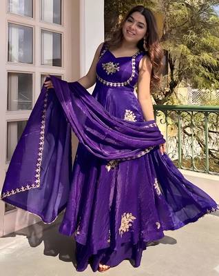 Purple frandy silk heavy thread embroidery work kurta palazzo set 1