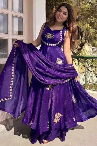 Purple frandy silk heavy thread embroidery work kurta palazzo set