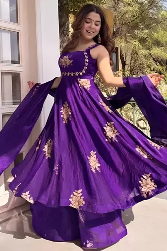 Purple frandy silk heavy thread embroidery work kurta palazzo set
