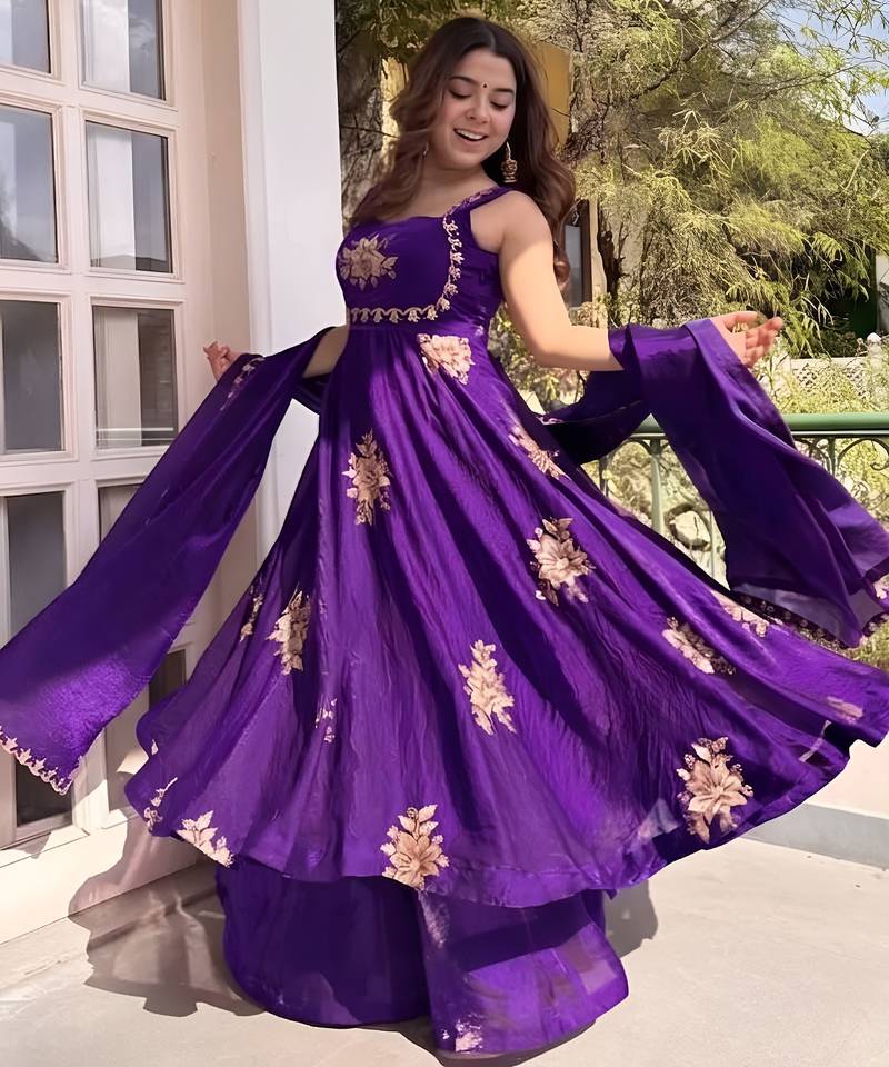 Purple frandy silk heavy thread embroidery work kurta palazzo set