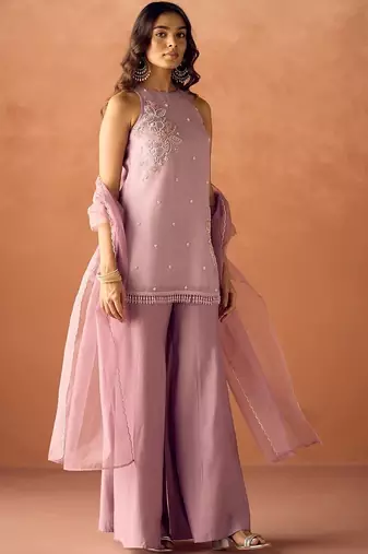 Mauve crunchy beads work kurta palazzo set