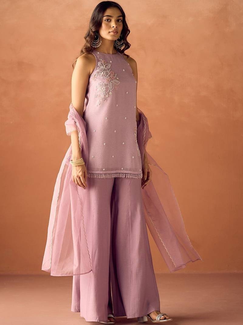 Mauve crunchy beads work kurta palazzo set