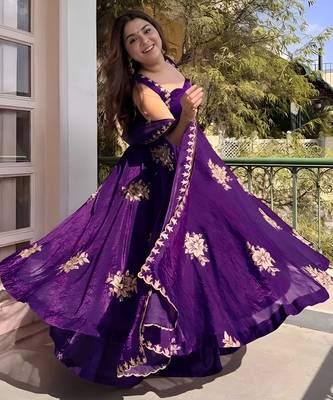 Purple frandy silk heavy thread embroidery work kurta palazzo set 3