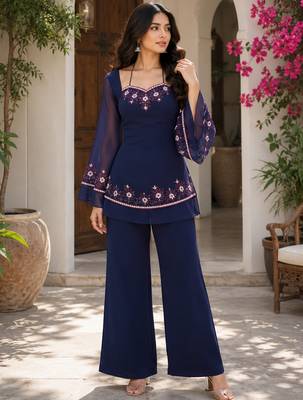 Navy blue georgette heavy thread embroidery work kurta with palazzo 1