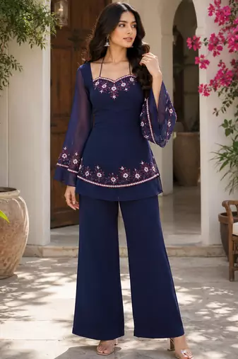Navy blue georgette heavy thread embroidery work kurta with palazzo