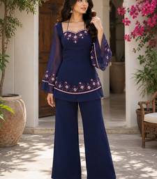 Navy blue georgette heavy thread embroidery work kurta with palazzo