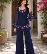 Navy blue georgette heavy thread embroidery work kurta with palazzo