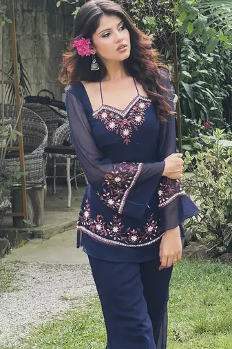 Navy blue georgette heavy thread embroidery work kurta with palazzo