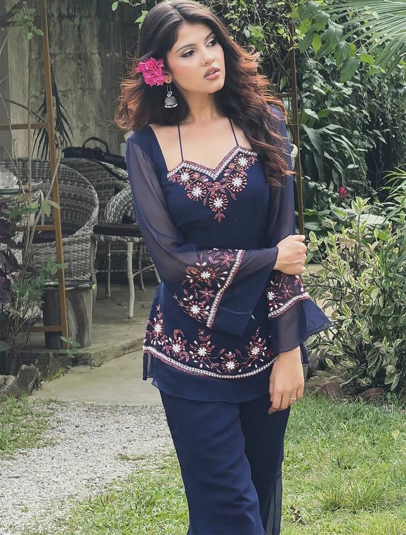 Navy blue georgette heavy thread embroidery work kurta with palazzo