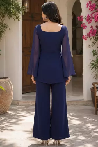 Navy blue georgette heavy thread embroidery work kurta with palazzo
