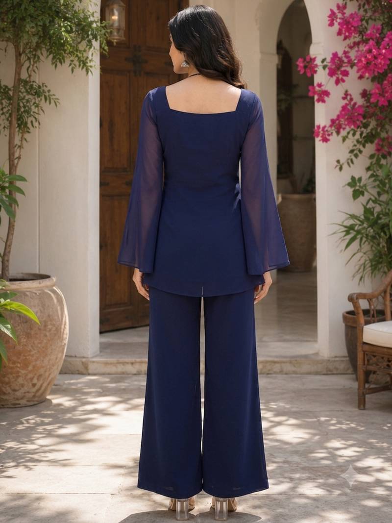 Navy blue georgette heavy thread embroidery work kurta with palazzo