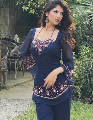 Navy blue georgette heavy thread embroidery work kurta with palazzo 5