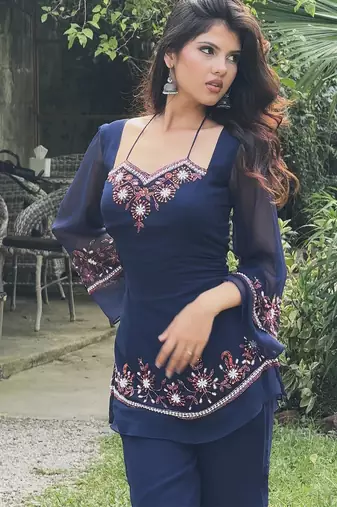 Navy blue georgette heavy thread embroidery work kurta with palazzo