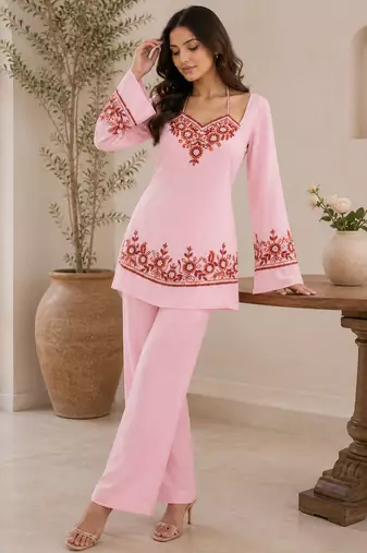 Pink georgette heavy thread embroidery work kurta with palazzo
