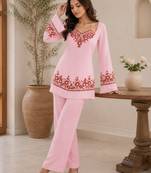 Pink georgette heavy thread embroidery work kurta with palazzo