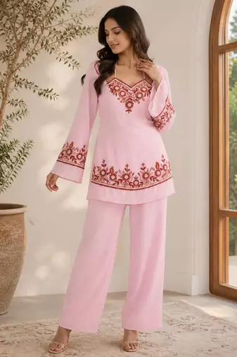 Pink georgette heavy thread embroidery work kurta with palazzo