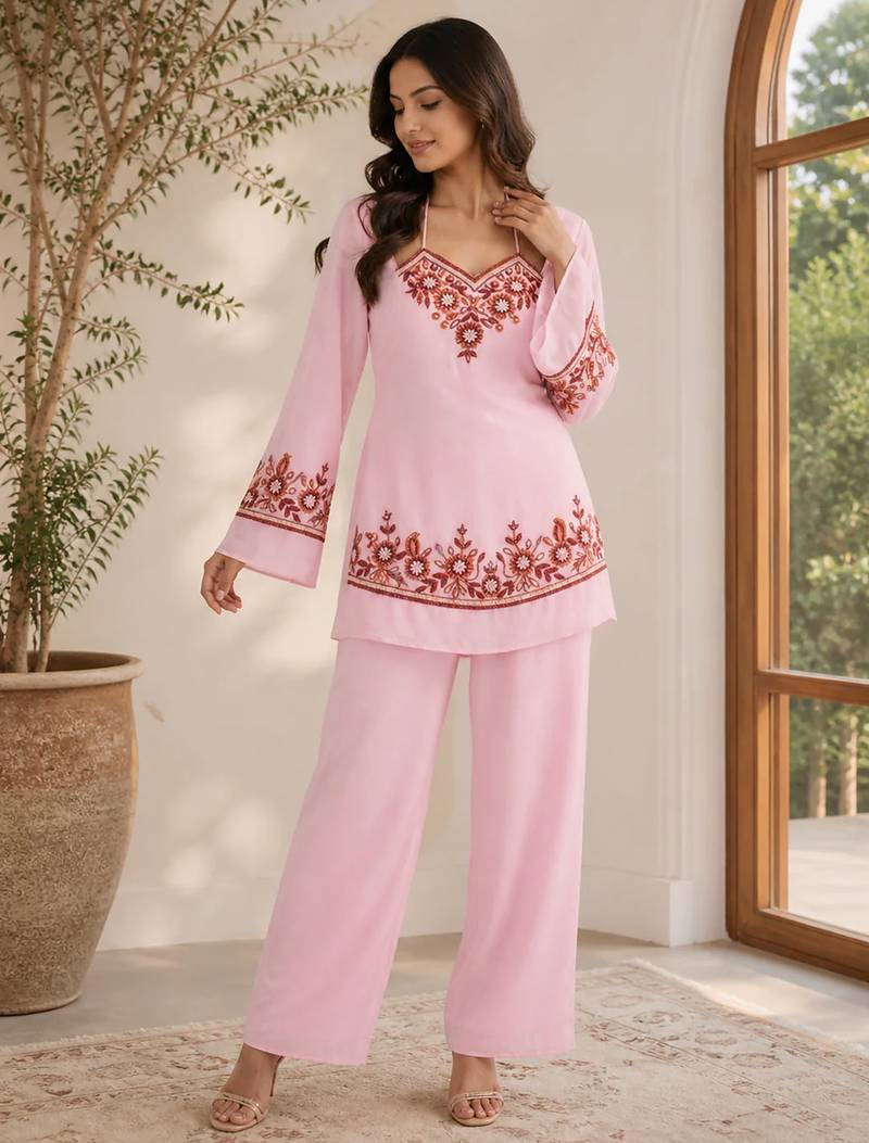 Pink georgette heavy thread embroidery work kurta with palazzo