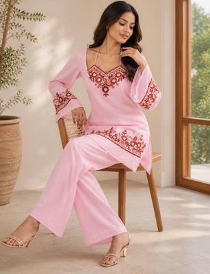 Pink georgette heavy thread embroidery work kurta with palazzo 3