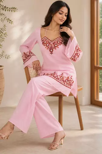 Pink georgette heavy thread embroidery work kurta with palazzo
