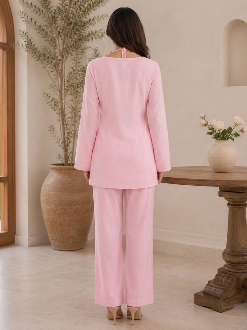 Pink georgette heavy thread embroidery work kurta with palazzo
