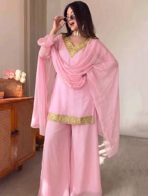 Pink georgette embroidery lace border work kurta palazzo set 1
