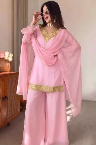 Pink georgette embroidery lace border work kurta palazzo set