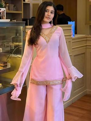 Pink georgette embroidery lace border work kurta palazzo set 2