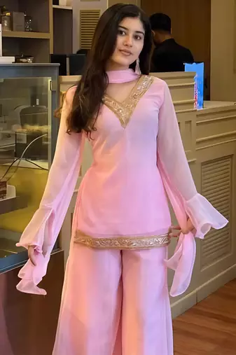 Pink georgette embroidery lace border work kurta palazzo set