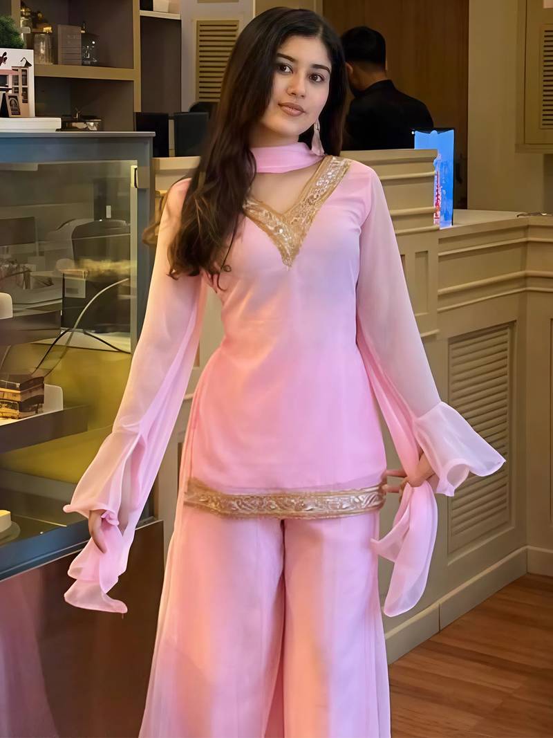 Pink georgette embroidery lace border work kurta palazzo set