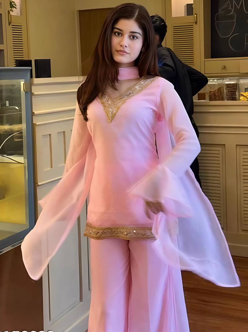 Pink georgette embroidery lace border work kurta palazzo set