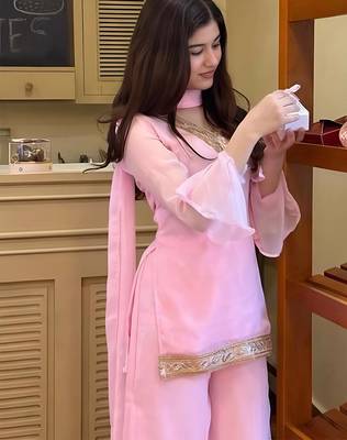 Pink georgette embroidery lace border work kurta palazzo set 4
