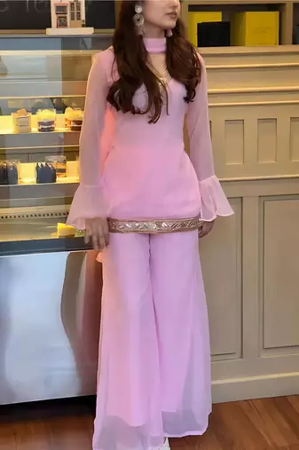 Pink georgette embroidery lace border work kurta palazzo set
